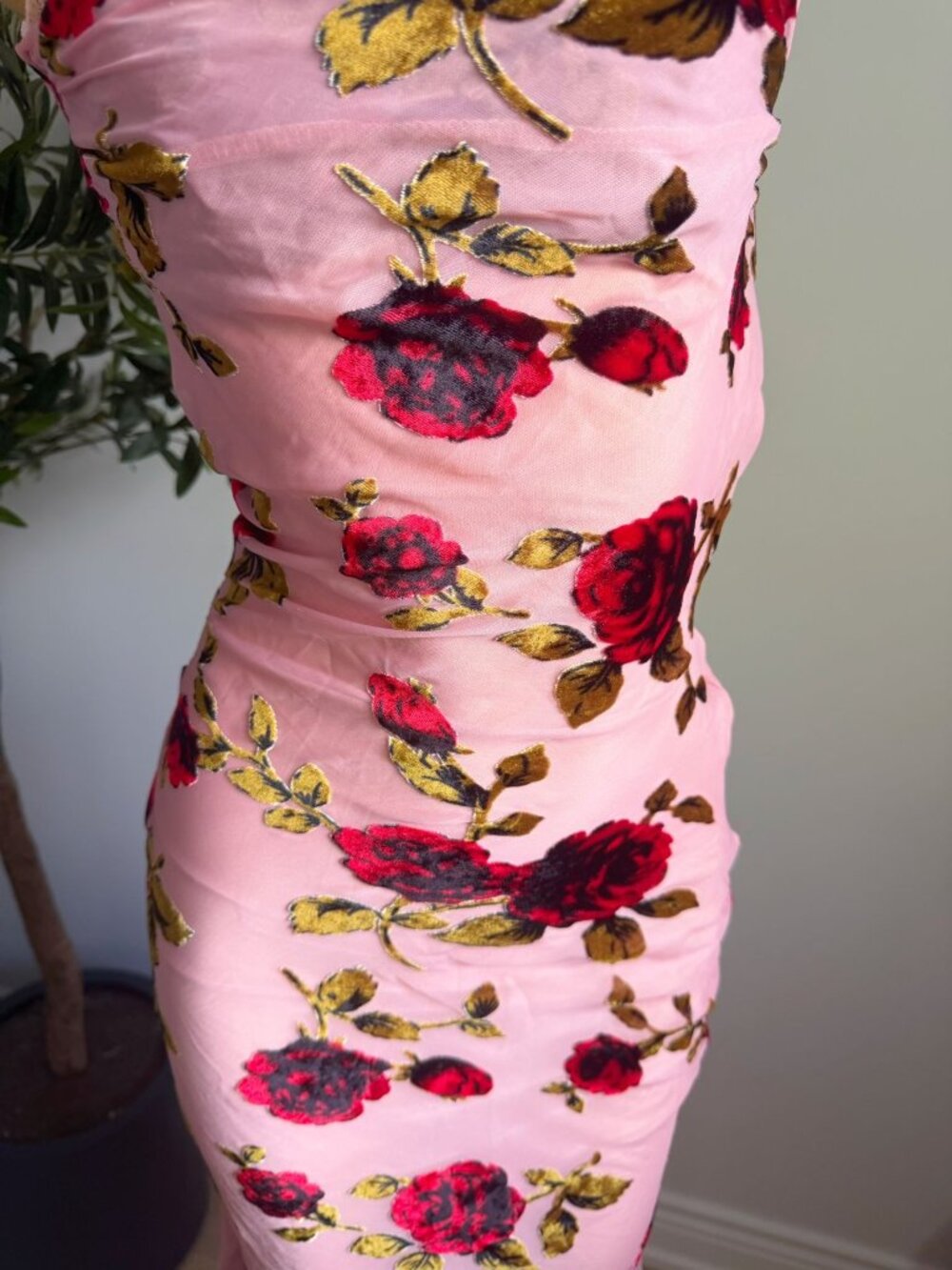 NWT Pink Mesh Velvet Rose Floral Bodycon Midi Dress XS - Picture 4 of 6